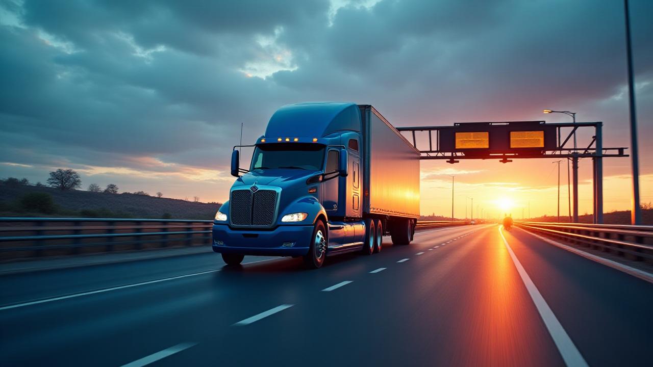 Heavy-duty truck crossing the US-Mexico border under a twilight sky