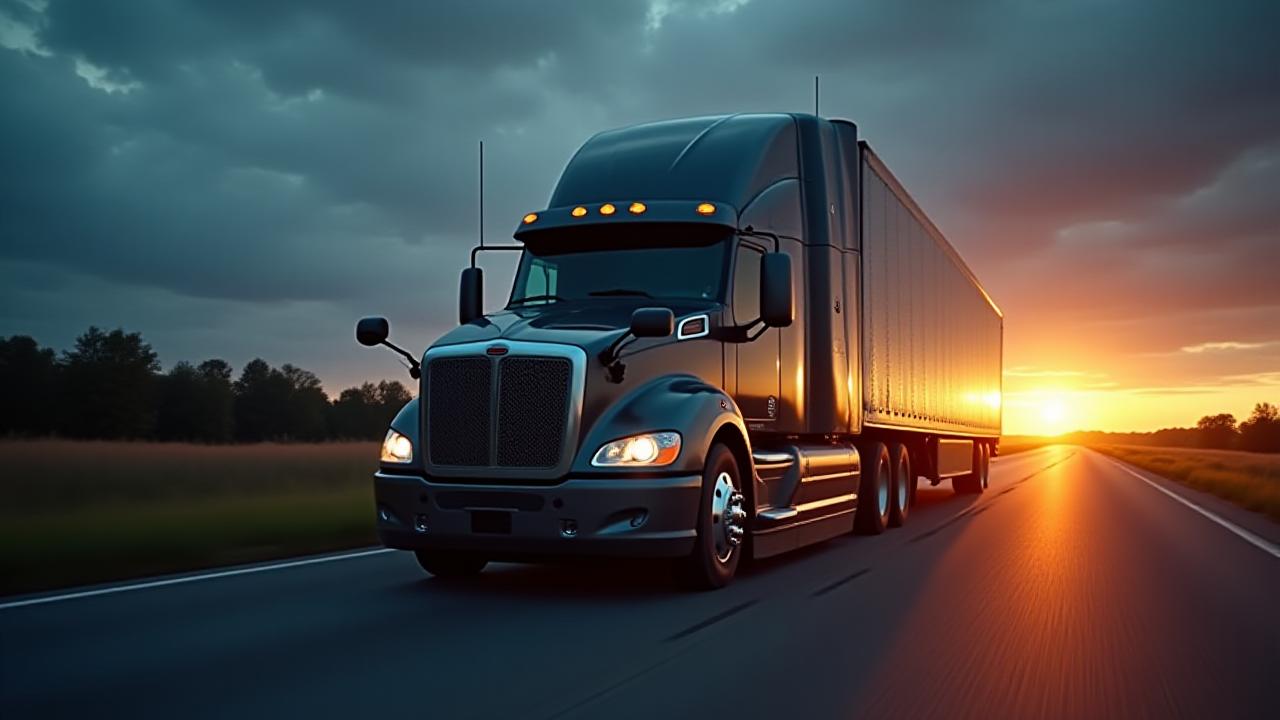 Modern Roberts K9 semi-truck driving through a strategic transport corridor at dawn