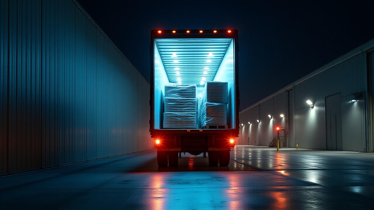 Intermodal container being transferred from a freight truck to a rail car
